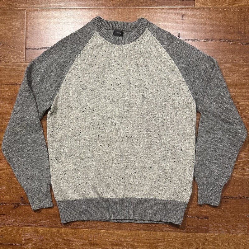 J Crew Sweater Men L Gray Colorblock Speckle 100% Wool Preppy Retro City Classic