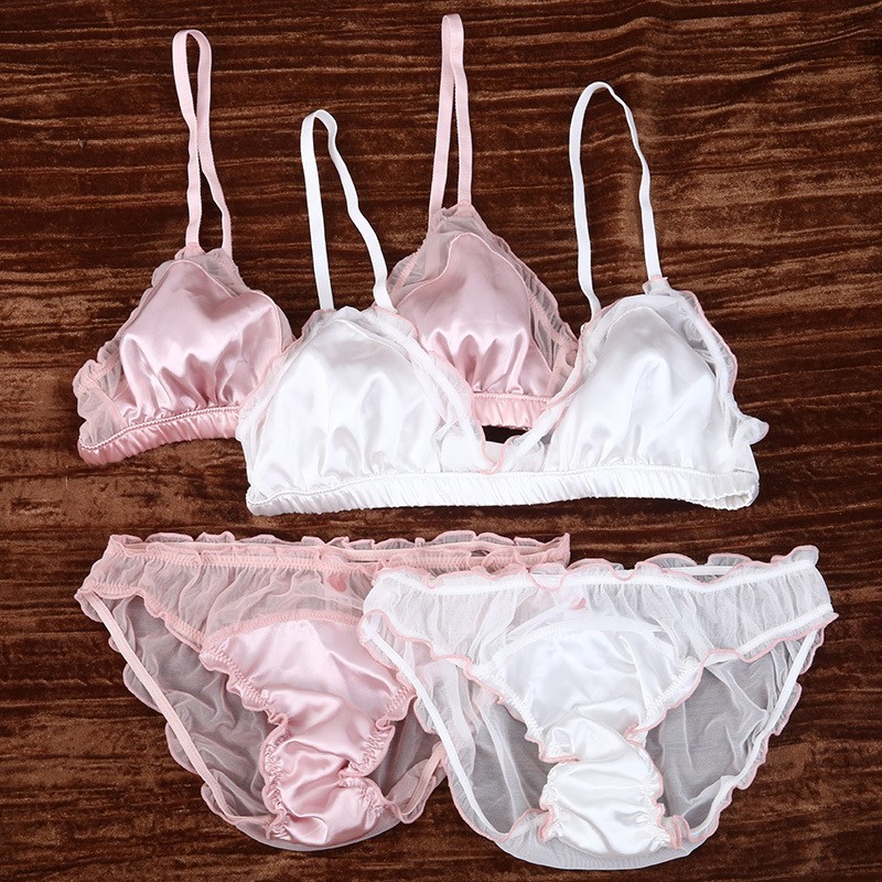 Japanese Sweet Girls Womens Bra Set Sheer Panties Briefs Faux Silk Underpants gallery