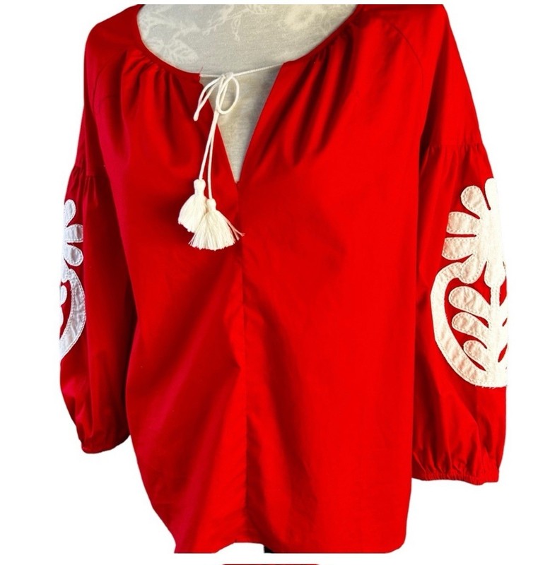 J. Crew Blouse Woman Sz Small Boho Puff Sleeve Poppy Red Aplique Cruise Wear