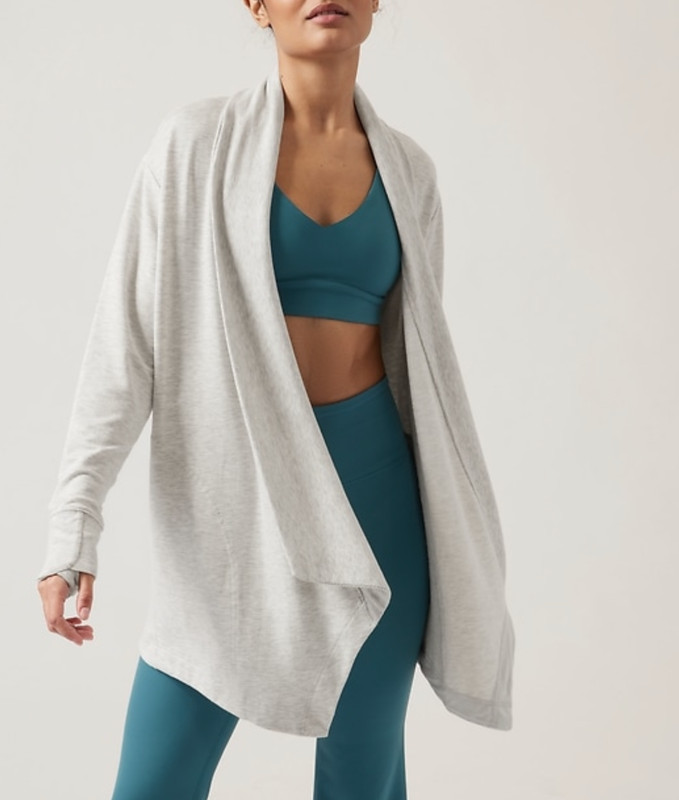 ATHLETA LIGHT HEATHER GREY POCKETS NIRVANA PRANAYAMA RESTORE WRAP CARDIGAN Sz XS