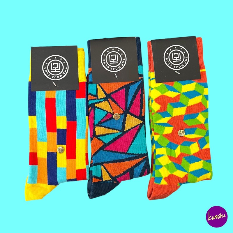 THE MOJA CLUB Mens’ Cotton Socks, 3 Pack, Funky Pattern Pack, Rainbow, UK 7–12
