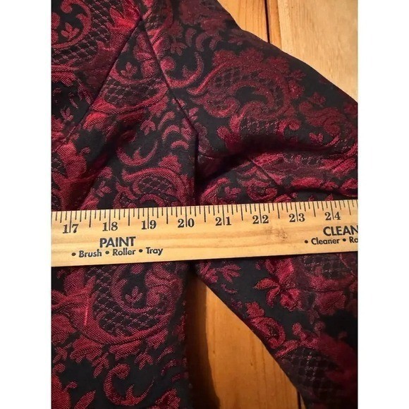 Chico's Red Black Damask Jacquard Beaded Blazer Jacket Size 1 M Open Front gallery