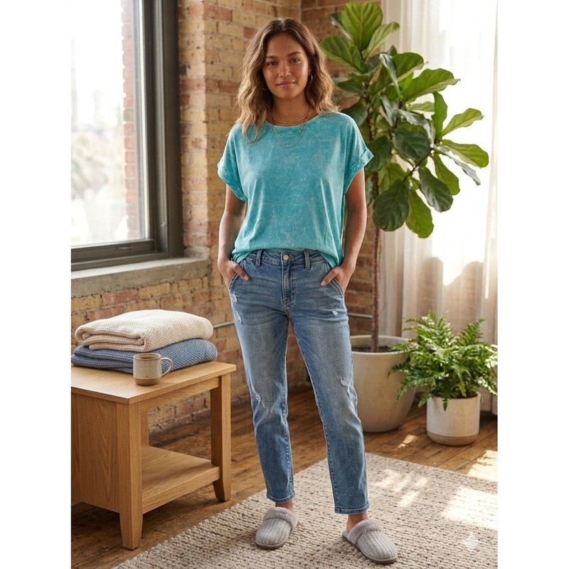 Zenana NWOT Mineral Wash Cuffed Short Sleeve Dolman Tee Top Teal Blue Large L