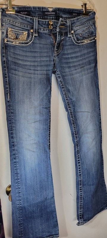 Vigoss The Chelsea Slim Boot Womens 5/6 33 Blue Denim Bling Stitch Stretch Jeans