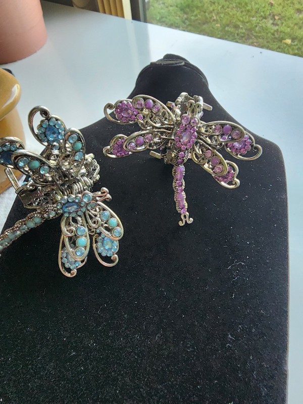 2 Vintage Silver Tone Embellished Butterfly Hair Clips, layered movable wings