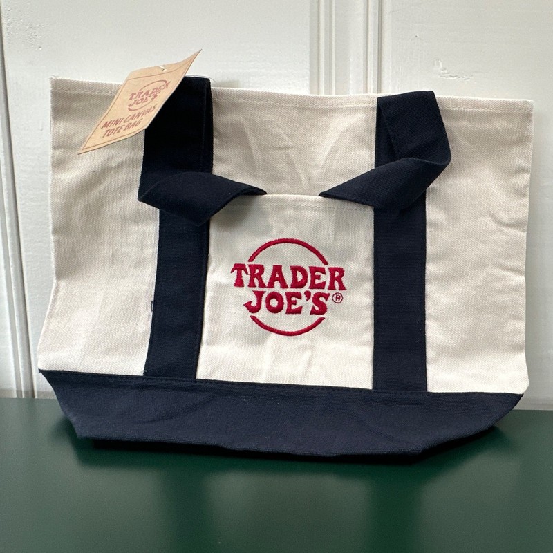 Trader Joe’s MINI Tote Bag New with Tags Beige/Blue Logo 13 in
