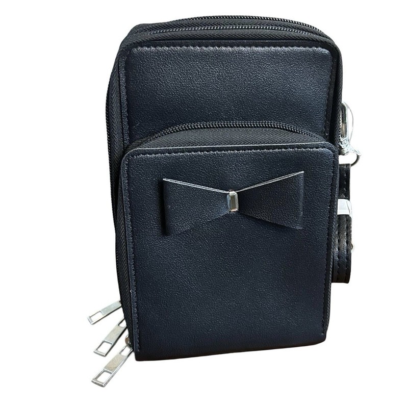 Crossbody Bag Wallet Triple Zip Pockets Removeable Strap 3D Bow Black Purse