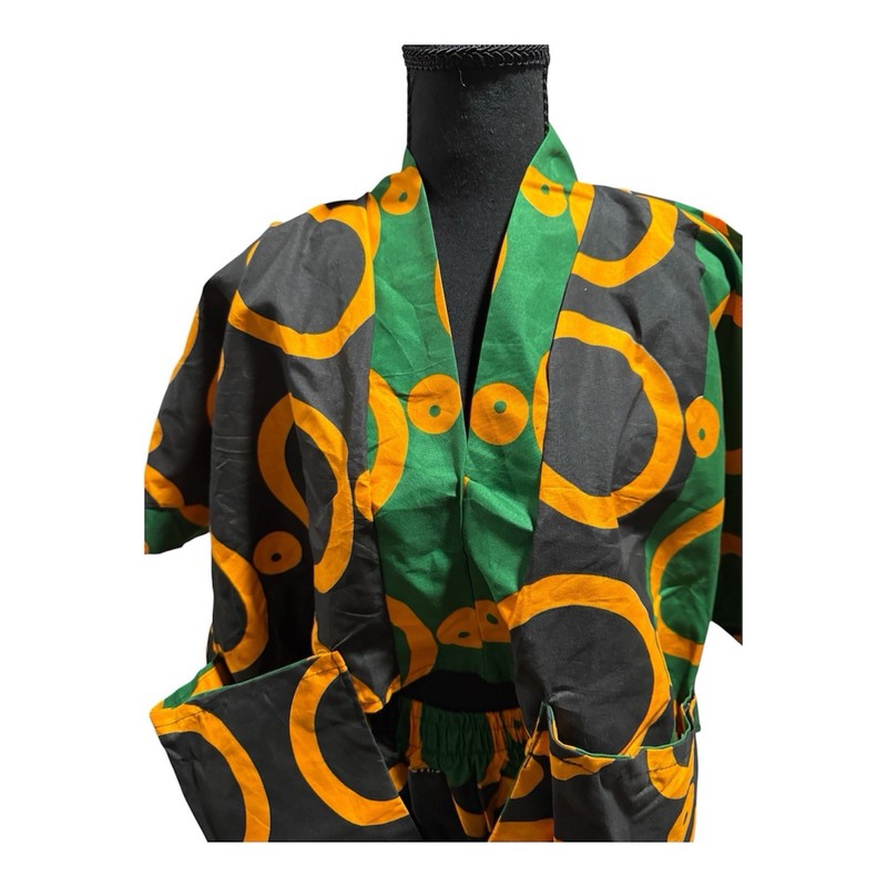 2-Piece Ankara Pants & Crop Top Set -Green, Black, Orange, Free Size 6-10 gallery