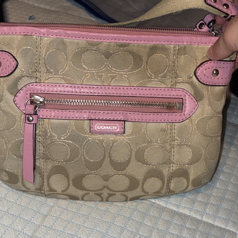 Coach Signature C Logo Small Shoulder Bag Beige/Pink Zip Detachable Strap