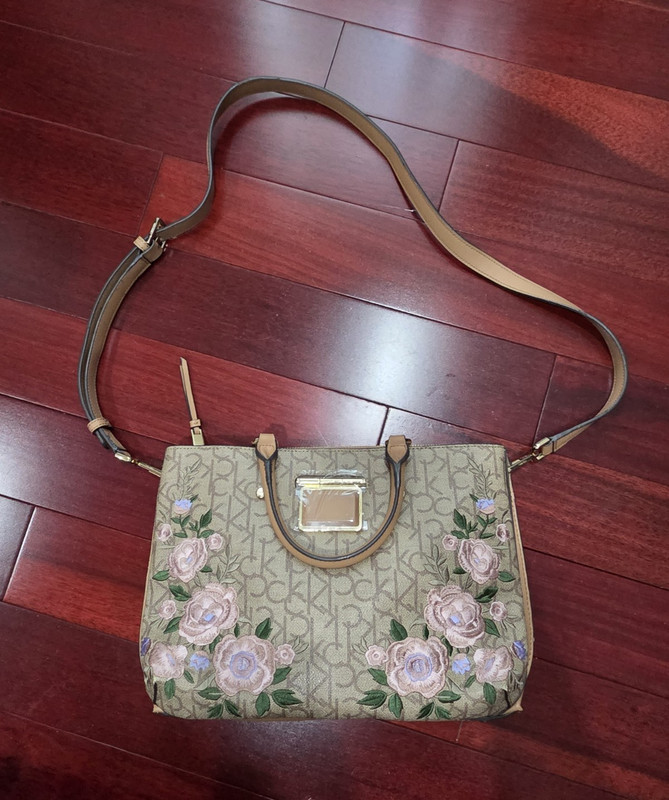 Calvin Klein Monogram Floral Satchel Top Handle Crossbody Zip Detachable Strap