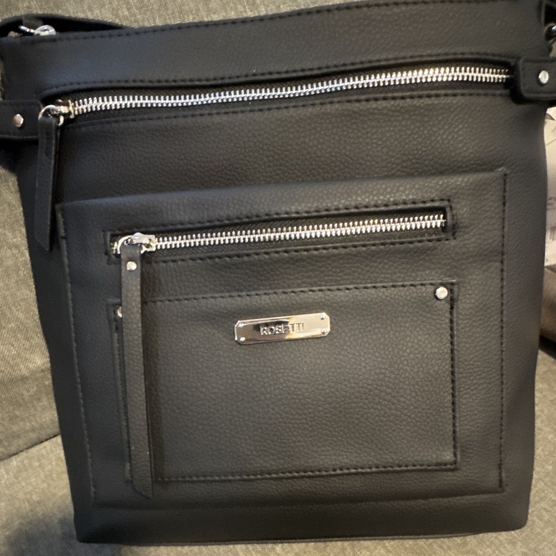 Rosetti Large Crossbody Bag Black Zip Magnetic Snap Silver Hardware Pockets