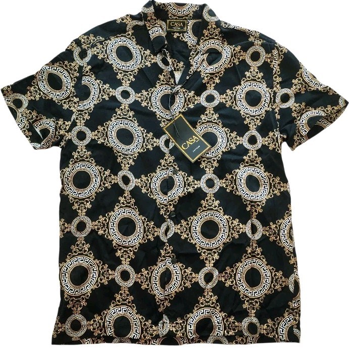 CASA Moda Couture Men’s Short Sleeve Button-Up Shirt Black Gold Pattern Size S
