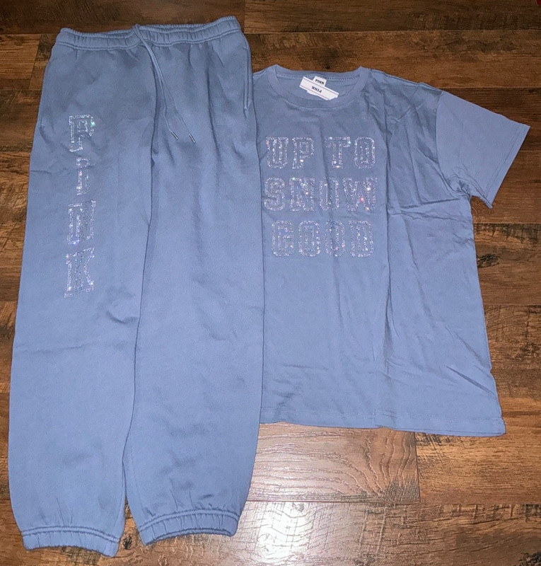 Victoria's Secret Pink Bling Campus SS Tee Shirt + Pants Set Dusty Iris L or XL gallery