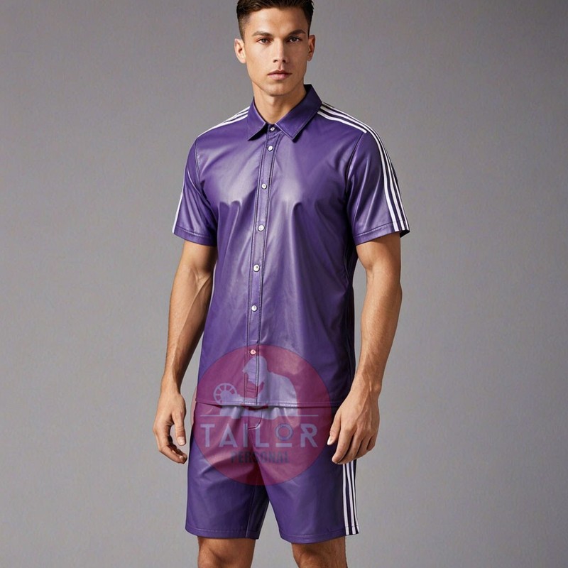 MEN’S LAMBSKIN PURPLE LEATHER SHIRT AND SHORTS WITH STRIPES SET WALKING SUMMER