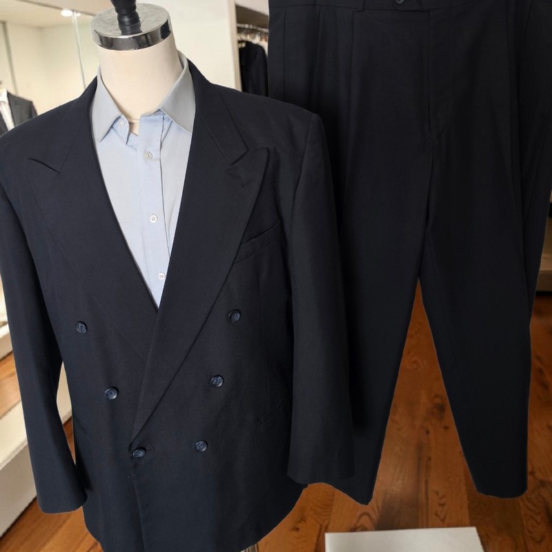 Vintage Double Breasted Peak Lapel Wool Suit 50R 43×29 Drop 7 1970s Dark Navy