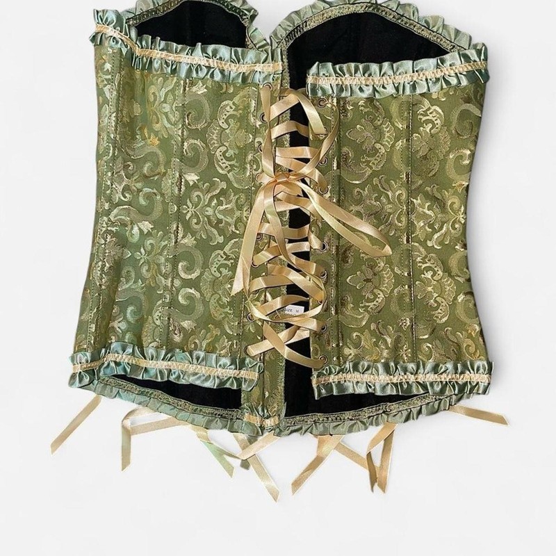 Gold Green Overbust Ruffled Ribbon Corset G-String Set - Size M gallery