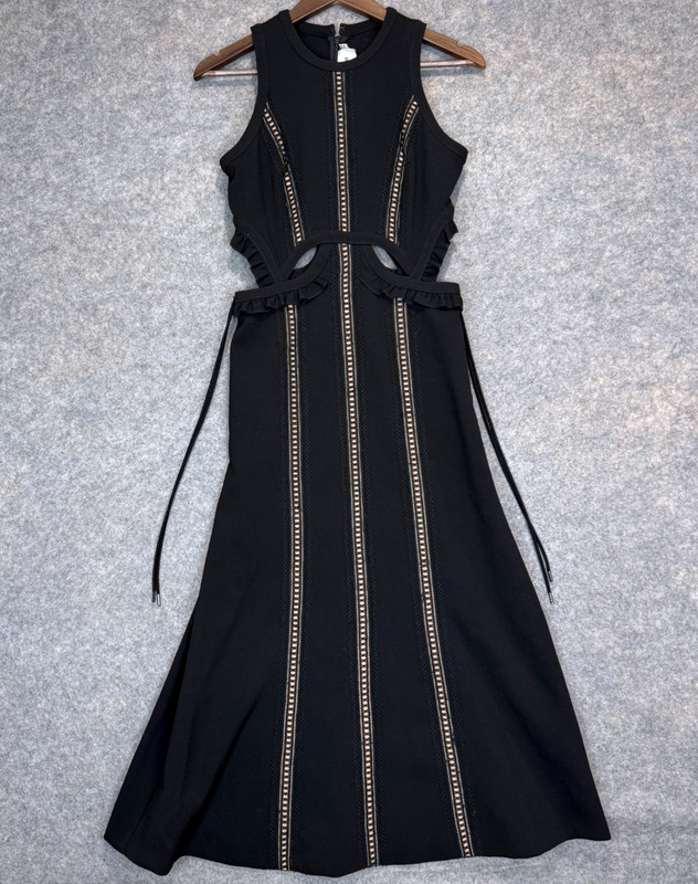 Self Portrait Cutout Midi Dress Womens US 6 Lattice Lace Up Peplum Vertical Trim
