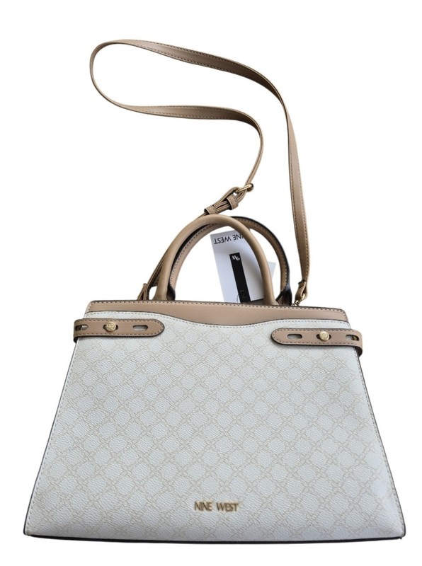 NWT Nine West Prudens Satchel Crossbody Bag Purse Vanilla Monogram Logo Beige