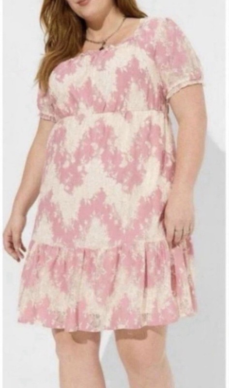 Torrid Pink Ivory Floral Square Neck Lace Puff Sleeve Tiered Mini Dress