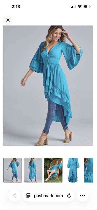 VENUS Turquoise Dress M High Low Boho Crochet Bell Sleeve Ruffle V Neck