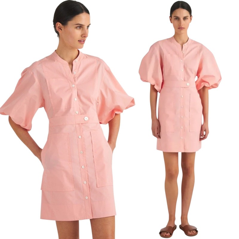 Oroton Utility Mini Dress Size AU 10 US 6 Cotton Primrose Pink Puff Sleeve Shift