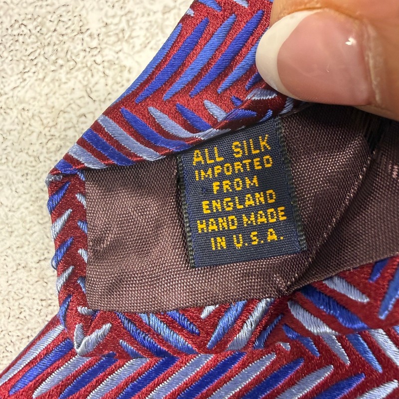 XMI Platinum Necktie Mens OS Red Blue Geometric Herringbone Silk Hand Made USA gallery