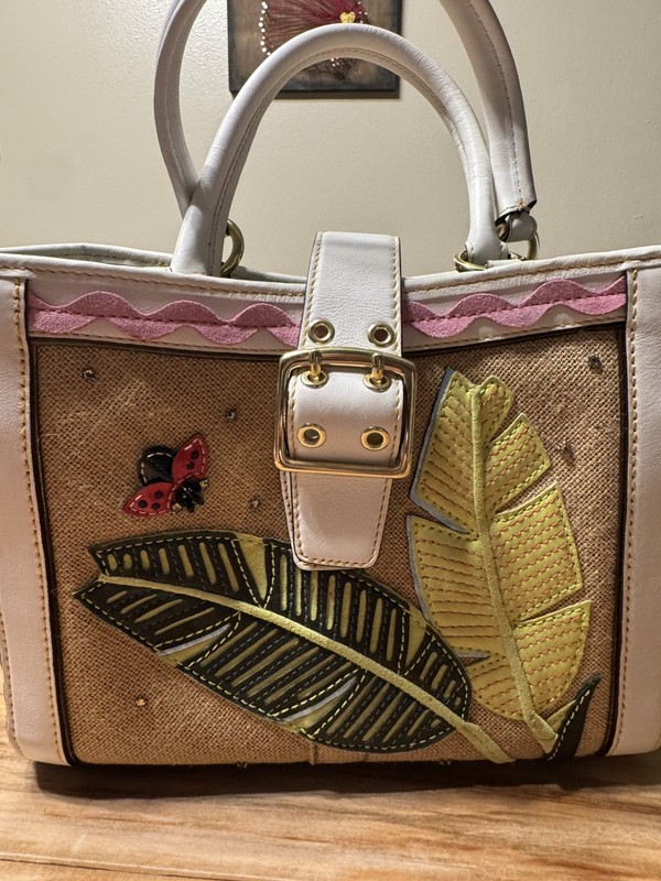 COACH LEAFY LADY BUG CRYSTAL STRAW LEATHER APPLIQUE BOXY TOTE BAG PURSE 4439 WOW