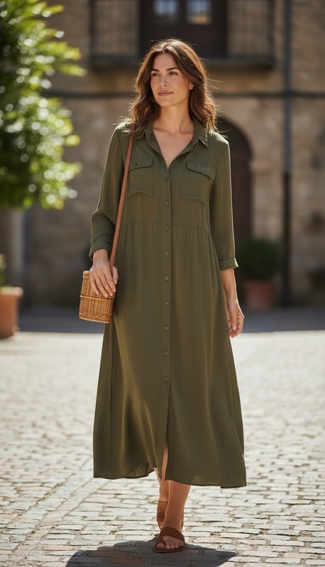 Spartina 449 Peyton Shirt Dress Olive Green Cupro Midi Womens L Boho Safari $208