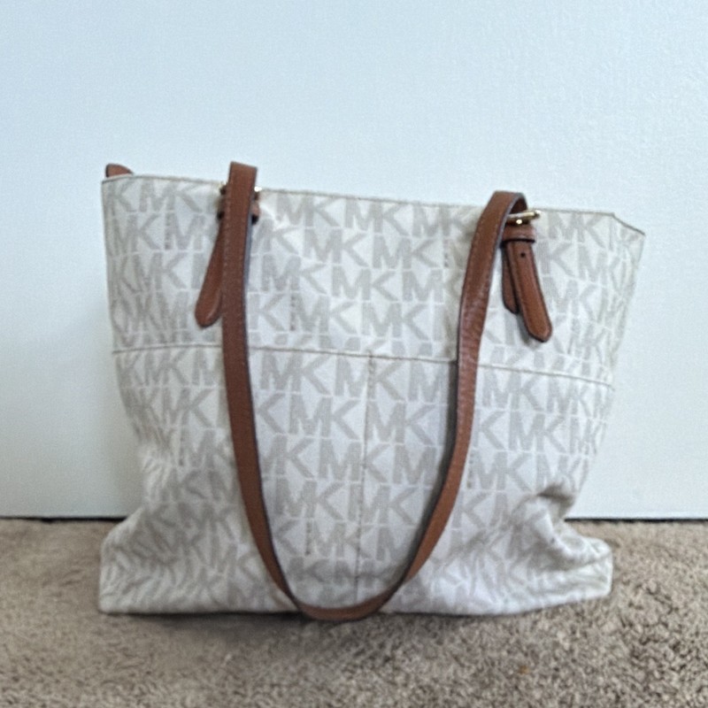 Michael Kors Women’s White/Gray Logo Tote Bag Zip, Gold Hardware, Double Handles gallery