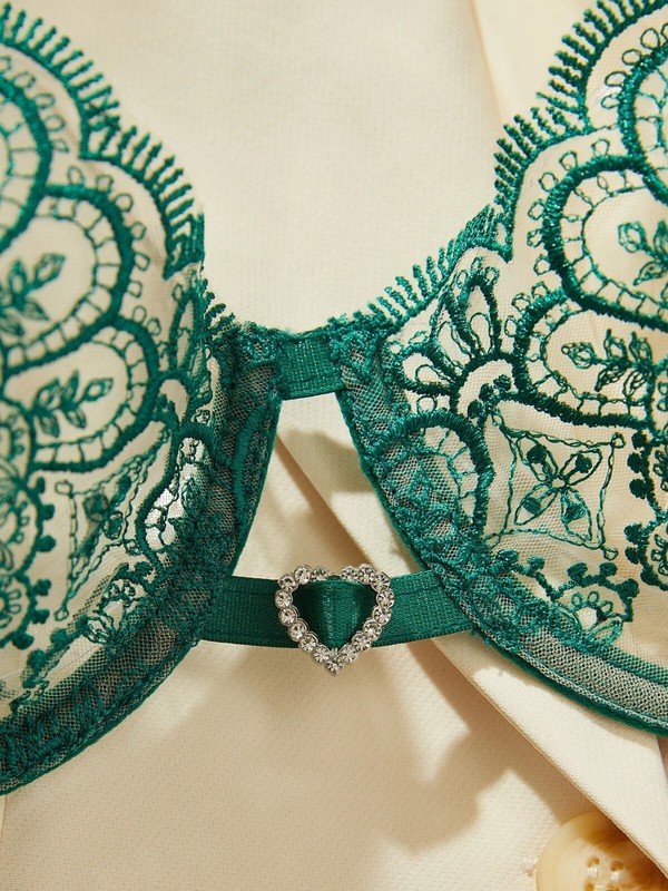Women Sexy Bra Panty Set Lace Green Mesh Lingerie Floral Intimate See Through gallery