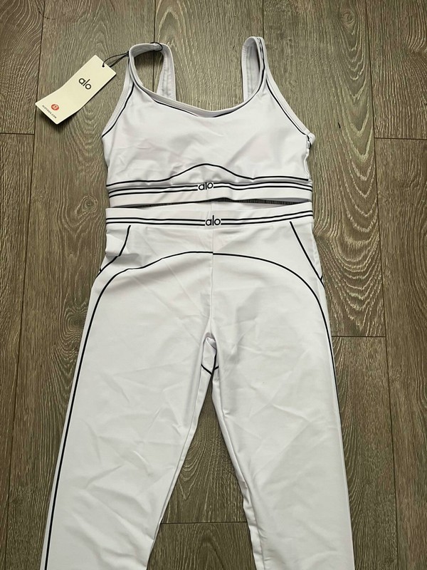 2-Piece Yoga Set M White/Black Solid Sports Bra + Leggings Stretch Waist