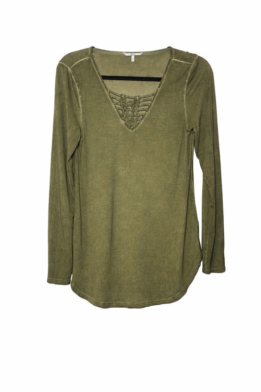 BKE Women’s Olive Green Crochet V-Neck Long Sleeve Knit Top Size S