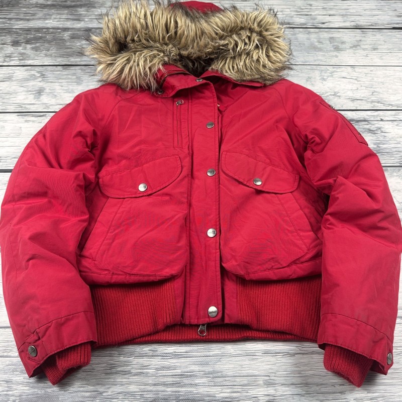 Womens Cropped Red Puffer Jacket Fur Hood Winter Y2K Streetwear Bomber Coat Warm