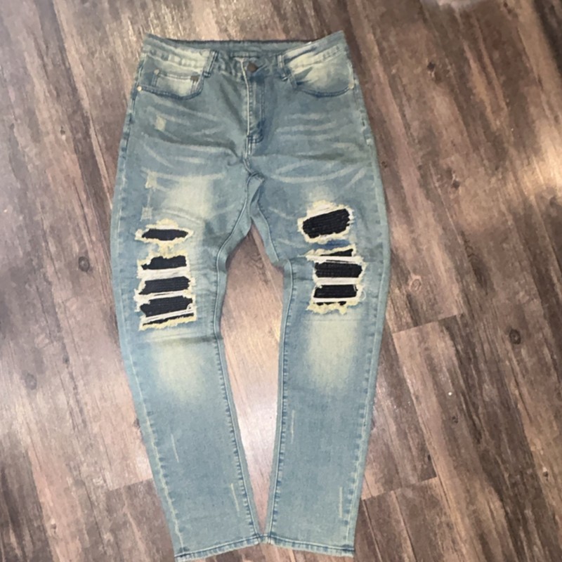 Unknown Factory Men’s Straight Jeans Light Wash Blue Denim Distressed Cotton