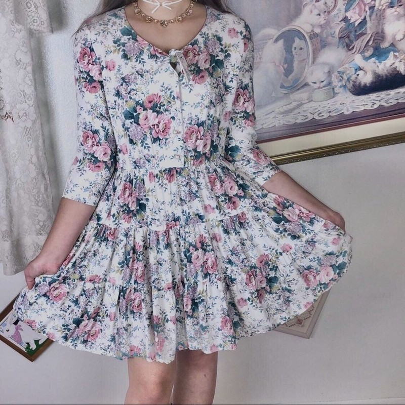Vintage XS Tiered Dress Cottagecore Fairy Kei Lolita Tea Party Feminine Floral