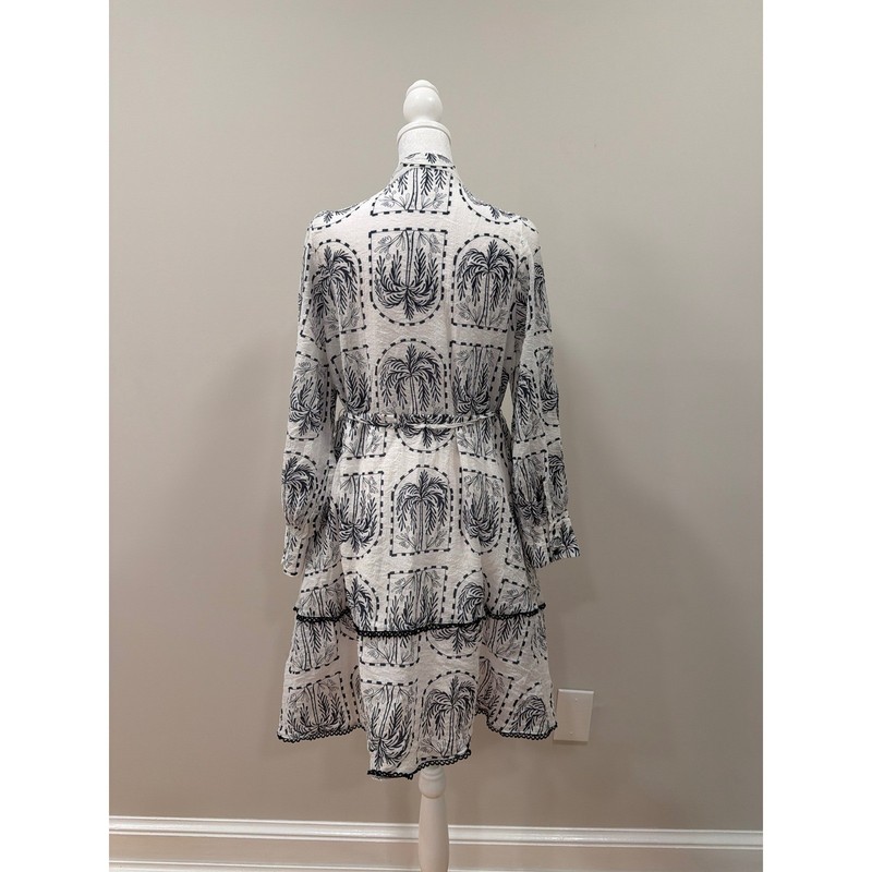 Sunny Girl Palm Tree Print Tiered Mini Dress White Navy Blue Lace Trim Size 10 gallery