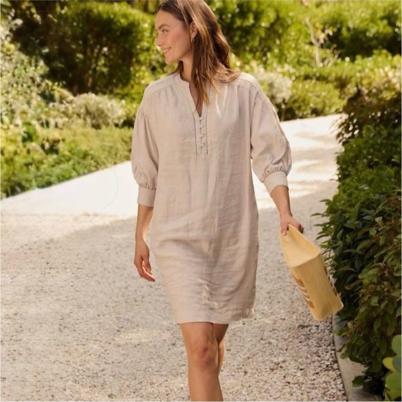 J Mclaughlin Nylee 3/4 Sleeve Dress Womens Tan Beige Linen Beach Boho Sz M