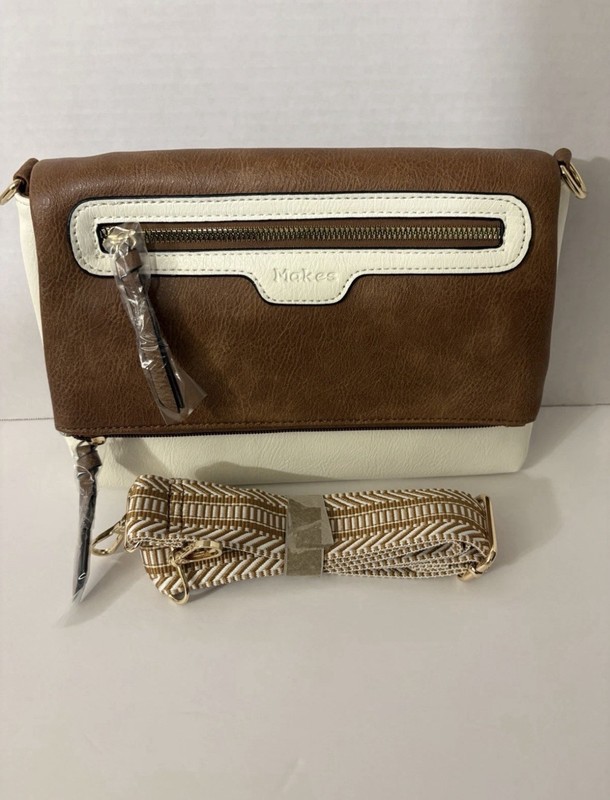 Mokes Brown White Colorblock Crossbody Bag Zipper Accents Detachable Strap