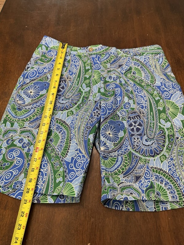 J. McLaughlin Men’s Bermuda Shorts Paisley Blue/Green/White Flat Front Pockets gallery