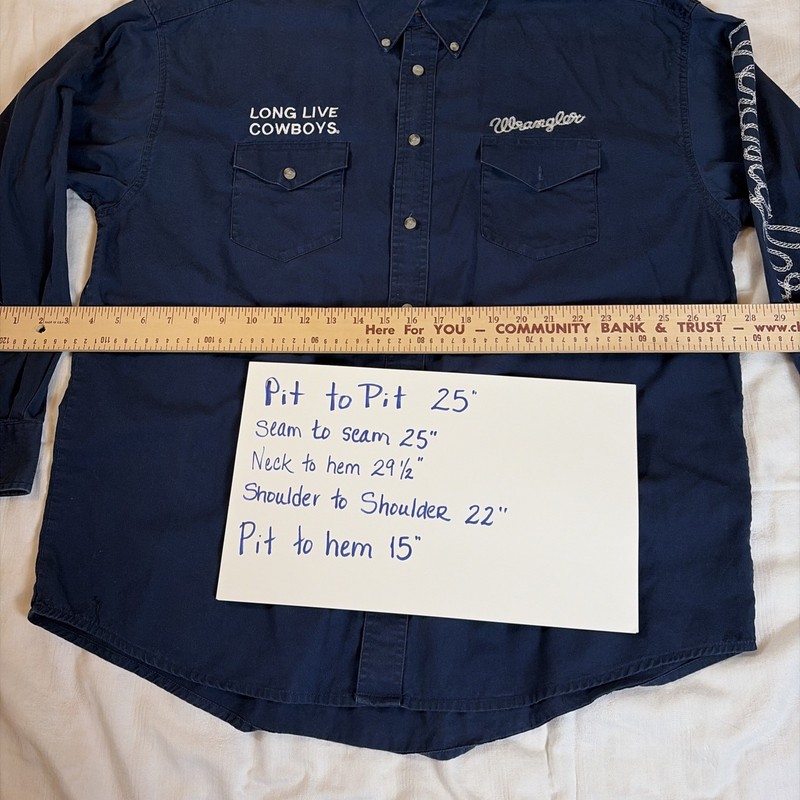 VTG Wrangler Shirt Mens XL Blue Embroidered Button Down Long Live Cowboys Rodeo gallery