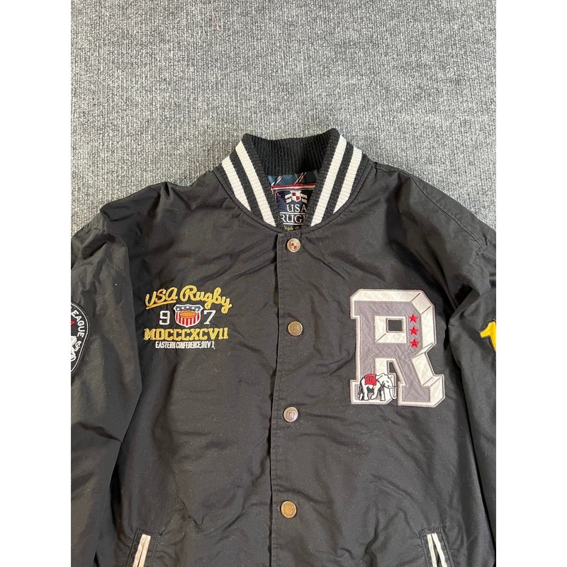 USA Rugby Varsity Bomber Jacket Mens 3XL Black Patchwork Snap Front Collegiate gallery