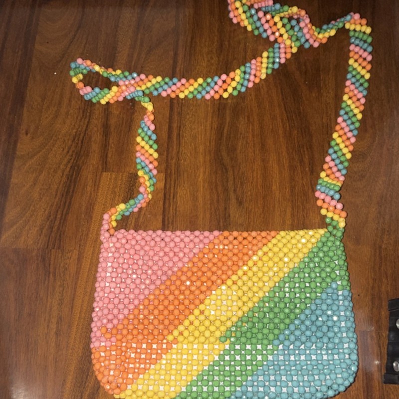 Isaac Mizrahi Rainbow Striped Beaded Shoulder Bag Multicolor Magnetic Snap