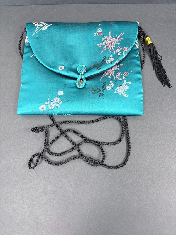 Asian Floral Silk Crossbody Purse Bag Button Flap Braided Strap