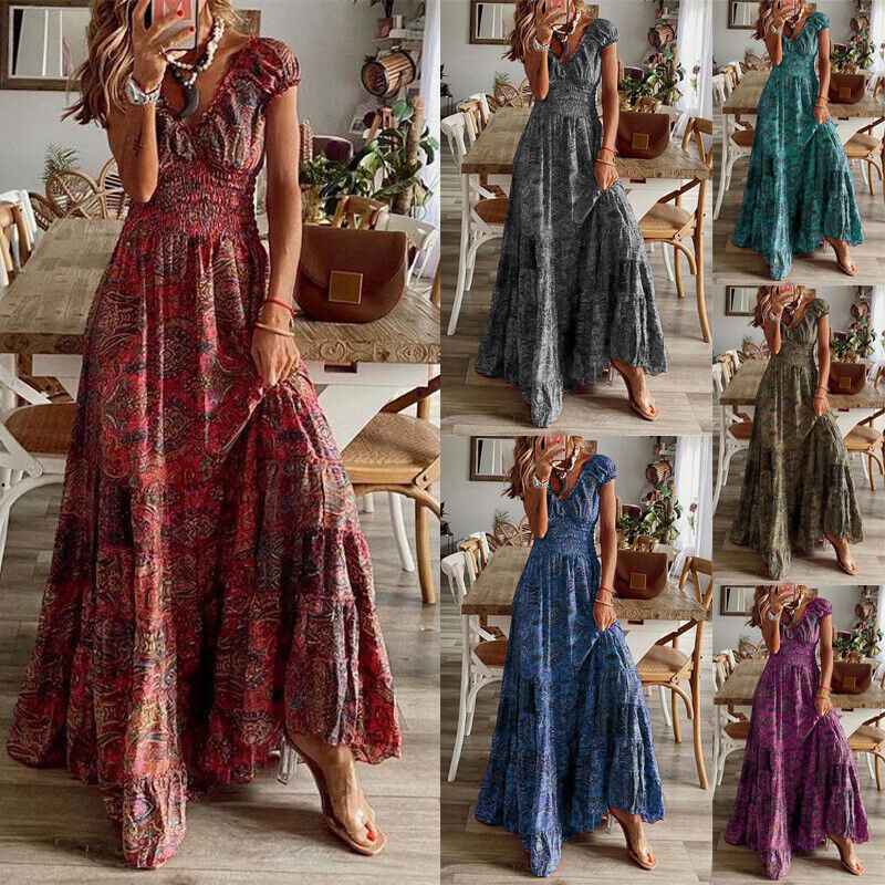 Women's Sundress Neck Beach Boho Summer Maxi Holiday Dress V Ladies Floral gallery