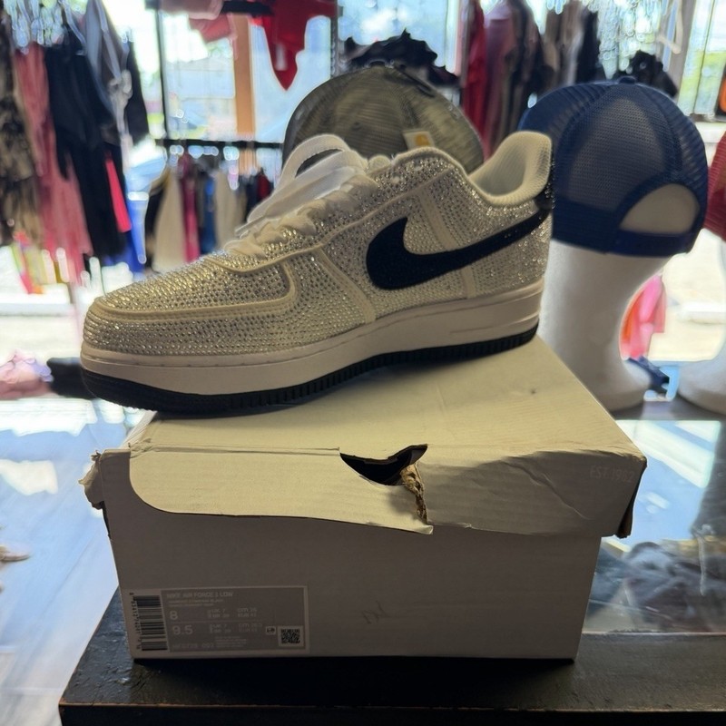 Nike Air Force 1 Low Men’s Low Top Lace-Up Sneaker Silver/White/Black Rhinestone