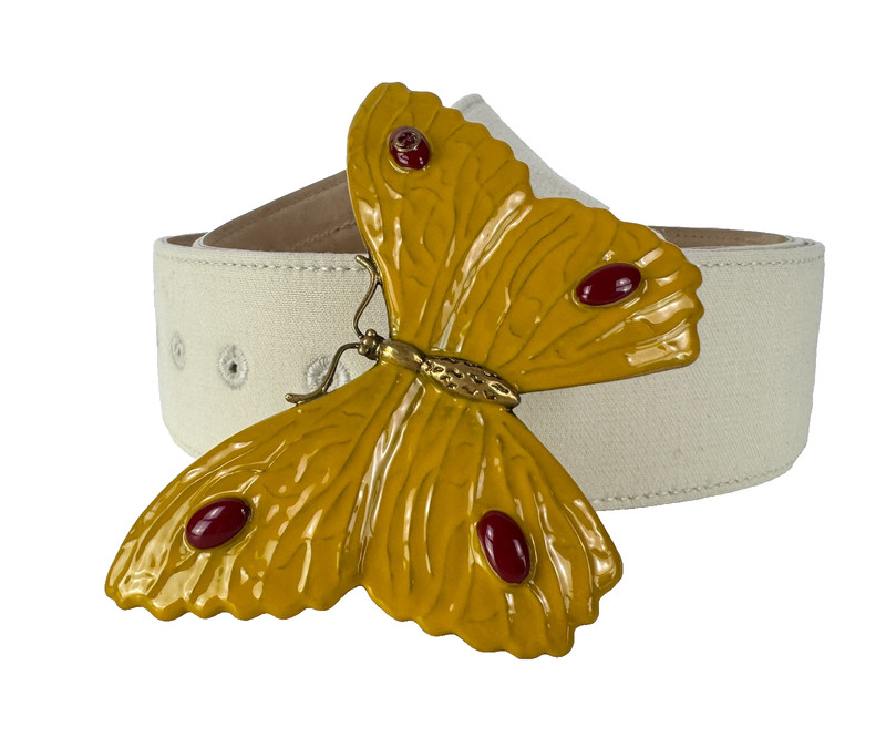 Gucci Auth Ivory Leather Fabric Belt 80 cm 32 in Yellow Butterfly Buckle Bag gallery