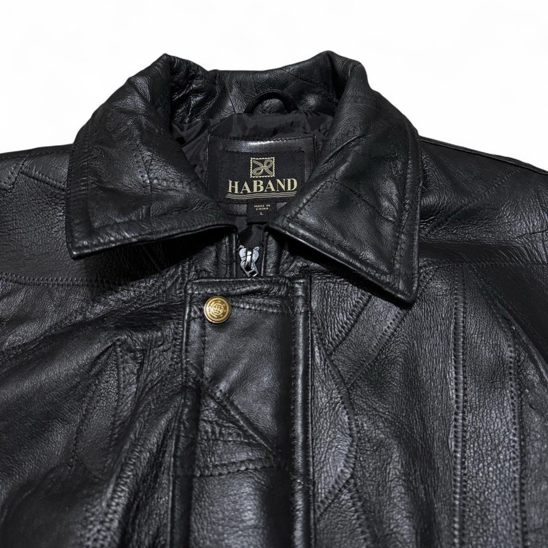 1990s Haband Men’s Patchwork Black Leather Bomber Jacket Spread Collar/ Size L gallery