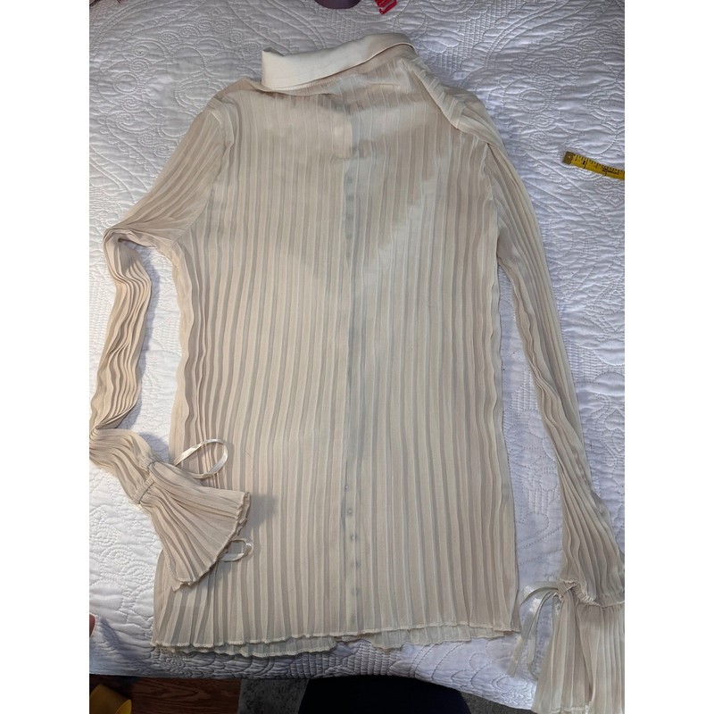 Shein Pleated Blouse Womens Medium Cream Sheer Ribbon Flared Cuff Snap Top gallery