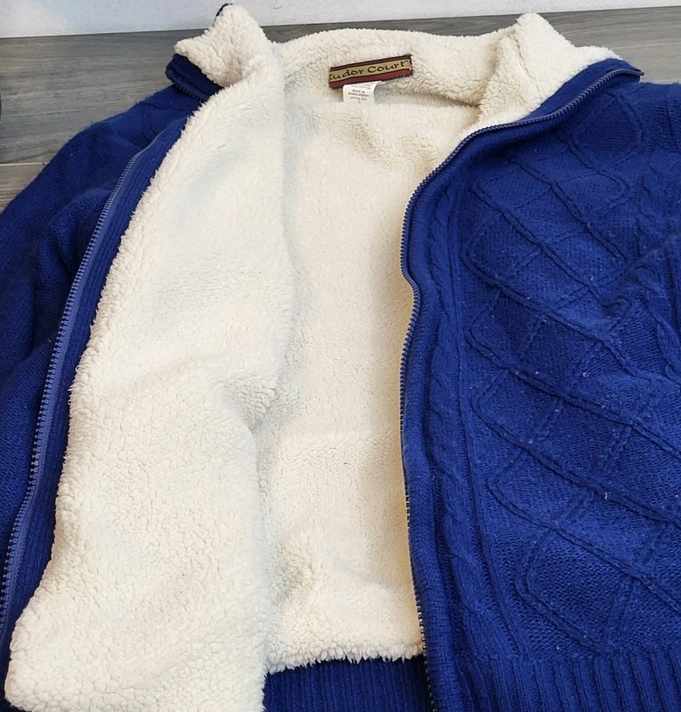 Tudor Court Coat Womens L Large Royal Blue Zip Up Sherpa Lined Cable Knit