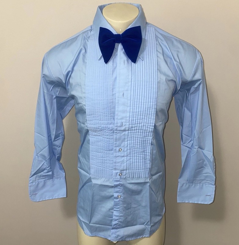 Vtg 70s Tuxedo Shirt Mens After Six Blue Ruffles TUX Dress Retro Prom 14 34